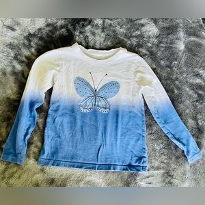 Tea Collection long sleeve shirt, blue and white with a butterfly on the chest